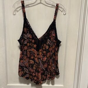 Free People Intimataly Floral Black Lace Trim Flowy Cami Top Large